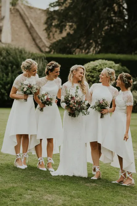 A-Line Crew Short Sleeves Hi-Low Bridesmaid Dress with Lace OHS098