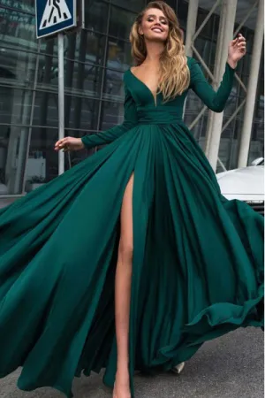 A-Line Deep V-Neck Long Sleeves Dark Green Sweep Train Prom Dress with Split LPD084