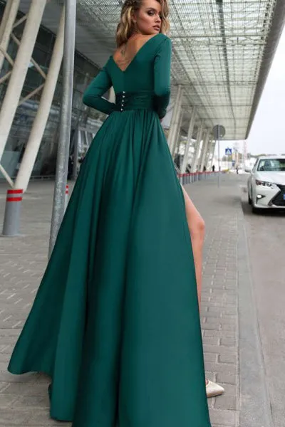 A-Line Deep V-Neck Long Sleeves Dark Green Sweep Train Prom Dress with Split LPD084