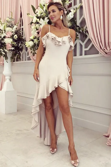 A-Line Spaghetti Straps Hi-Low Bridesmaid Dress with Ruffles OHS074