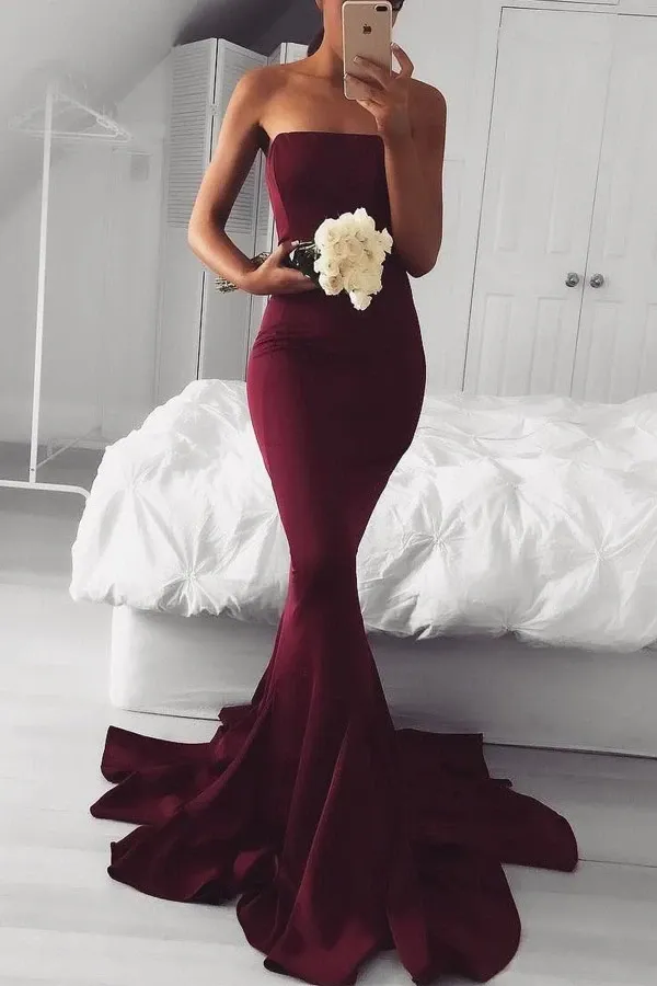 Anneprom Elegant Strapless Mermaid Long Burgundy Prom Dress Bridesmaid Dress APP0148
