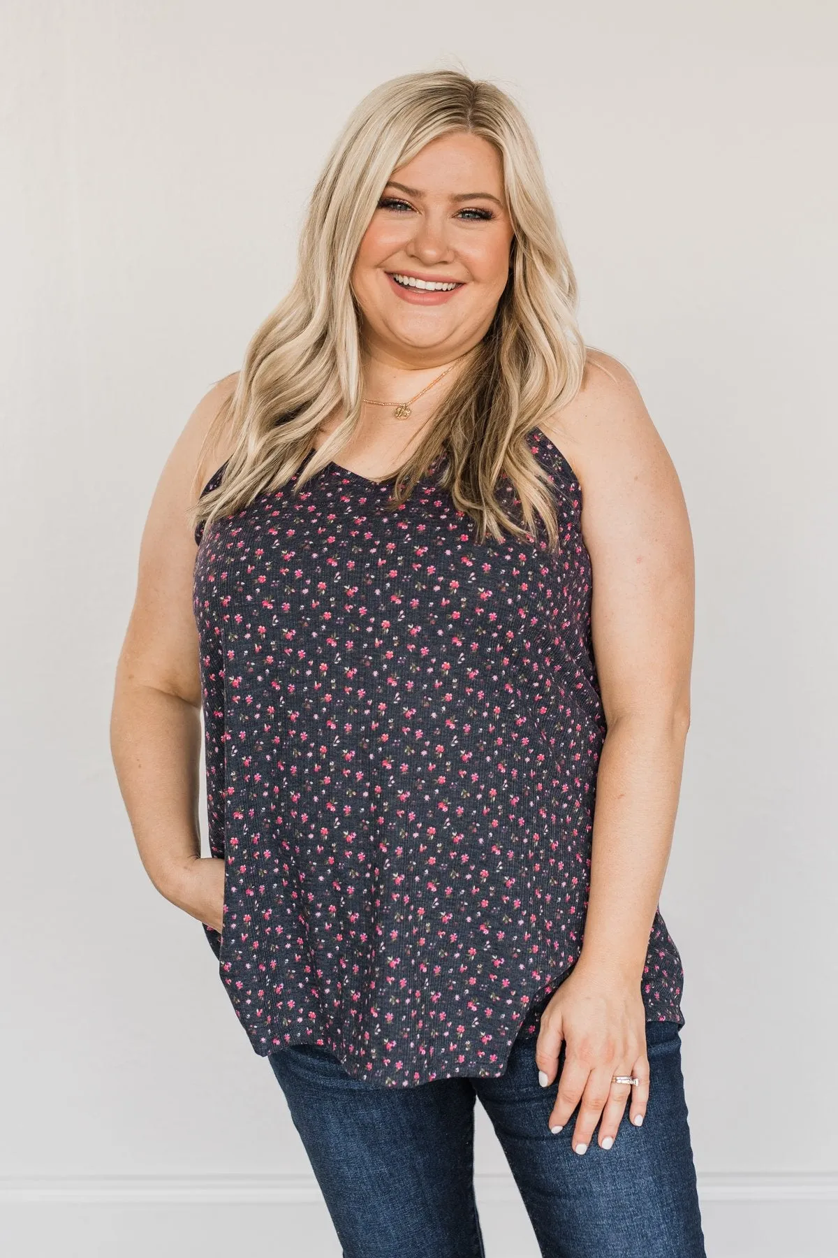 Aspire To Inspire Floral Knit Tank Top- Dark Navy