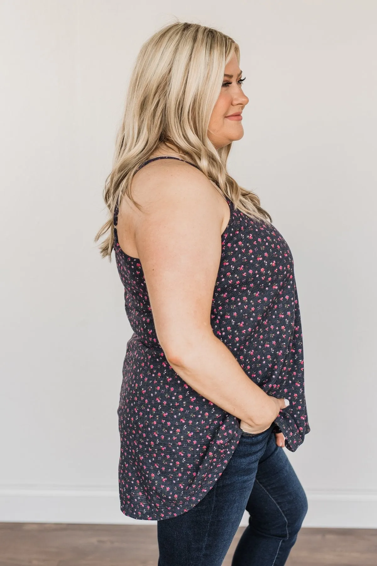 Aspire To Inspire Floral Knit Tank Top- Dark Navy