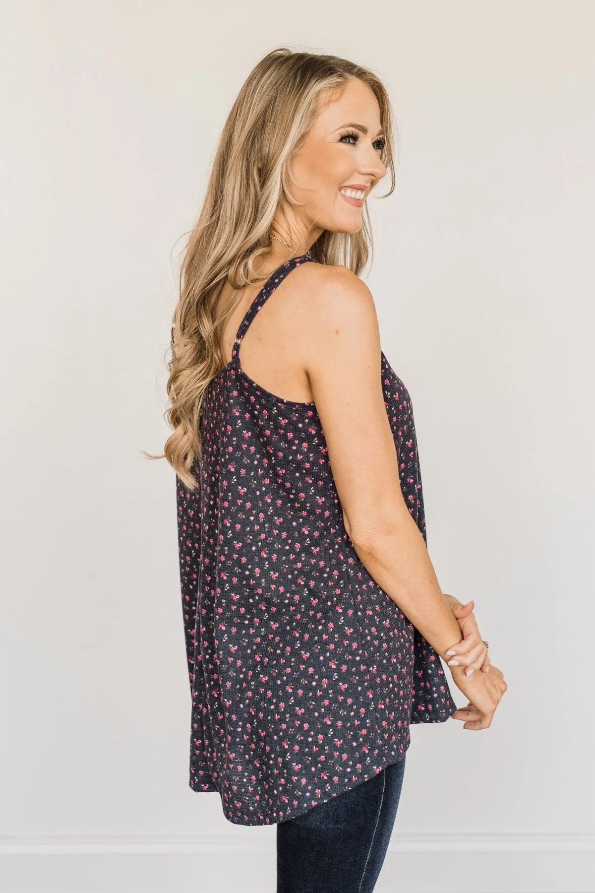 Aspire To Inspire Floral Knit Tank Top- Dark Navy