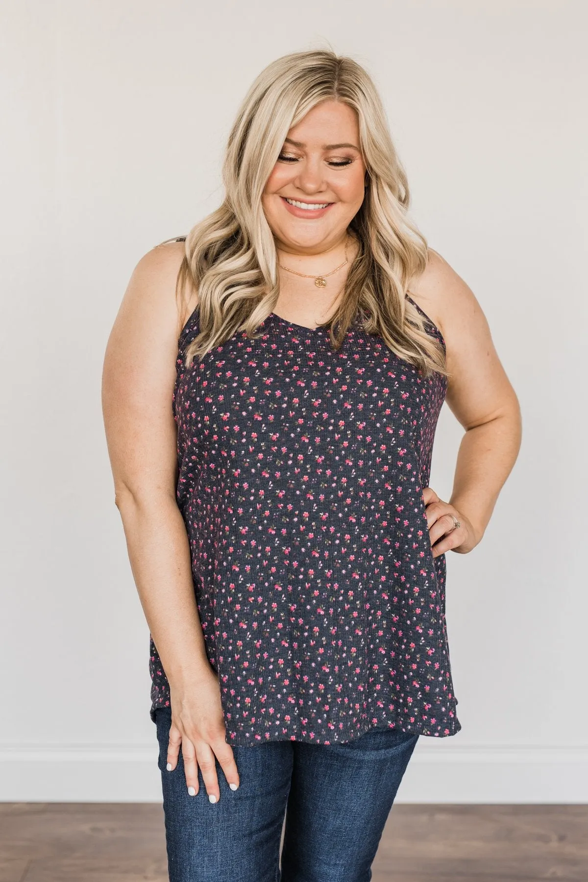 Aspire To Inspire Floral Knit Tank Top- Dark Navy