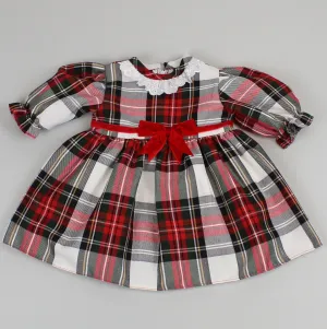 Baby Girls White Red Tartan Dress With Velvet Bow