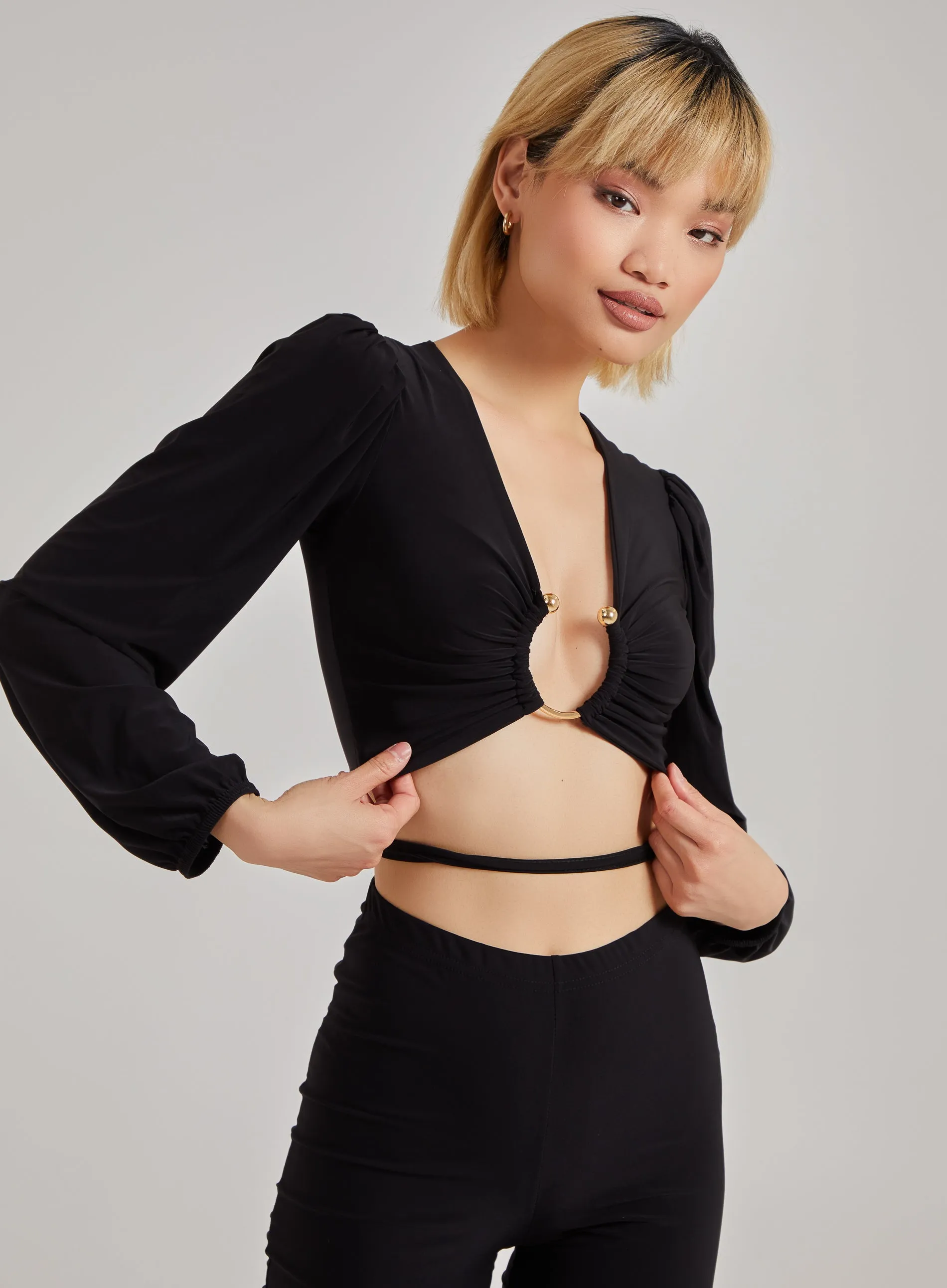 Balloon Sleeve Cut Out Tie Detail Top