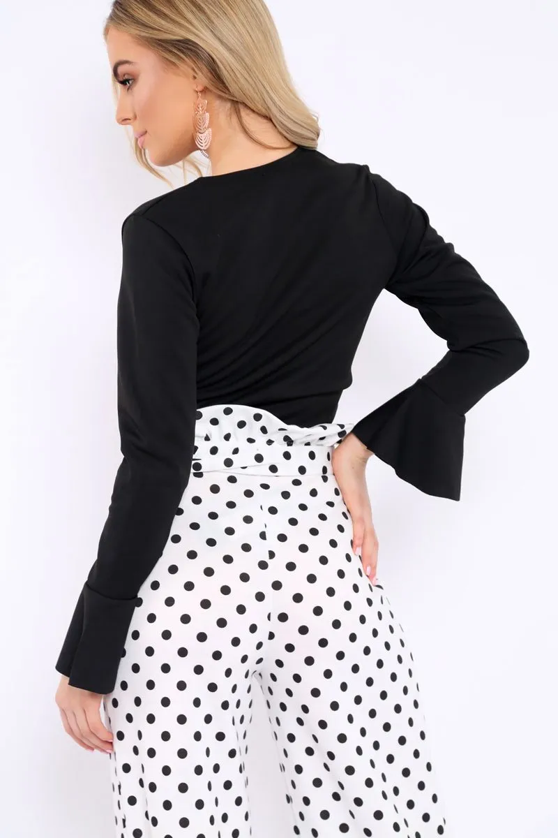 Black Plunge Tie Front Flare Sleeve Crop Top - Aimi