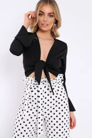 Black Plunge Tie Front Flare Sleeve Crop Top - Aimi