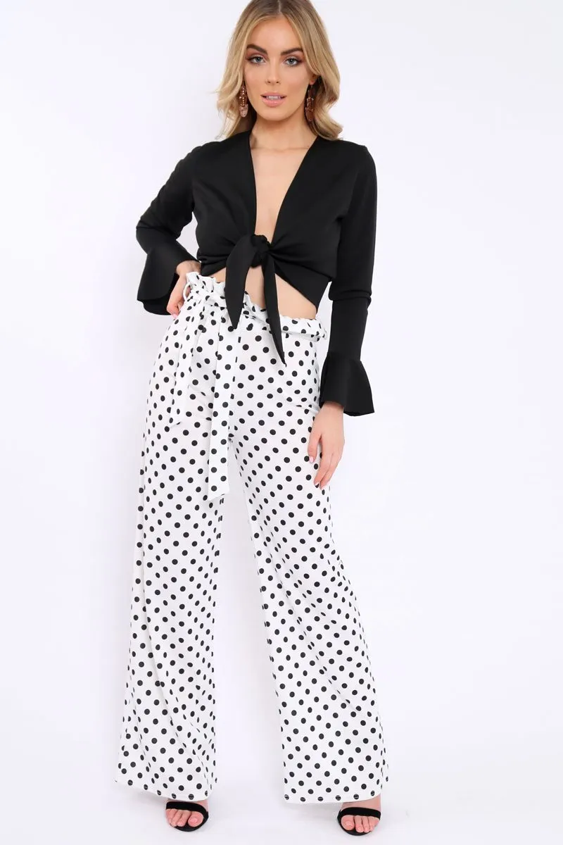 Black Plunge Tie Front Flare Sleeve Crop Top - Aimi