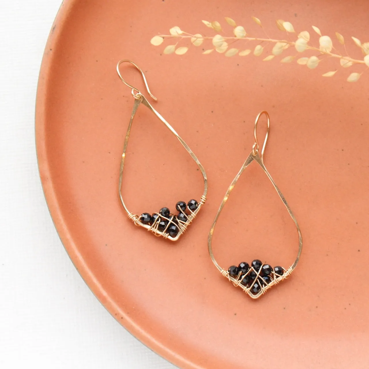 Black Spinel Cluster Pointed Gold Hoop Earrings