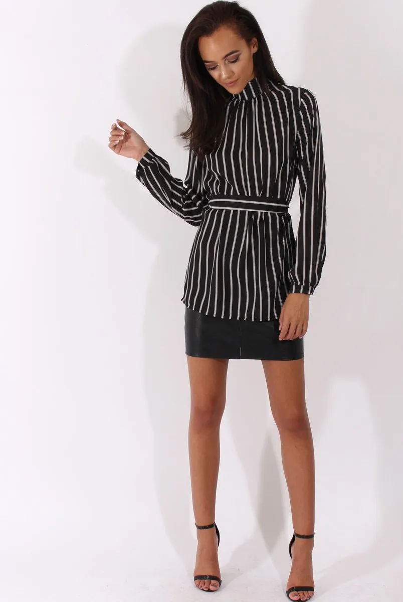 Black Striped Tie Waist Open Back Shirt - Carina
