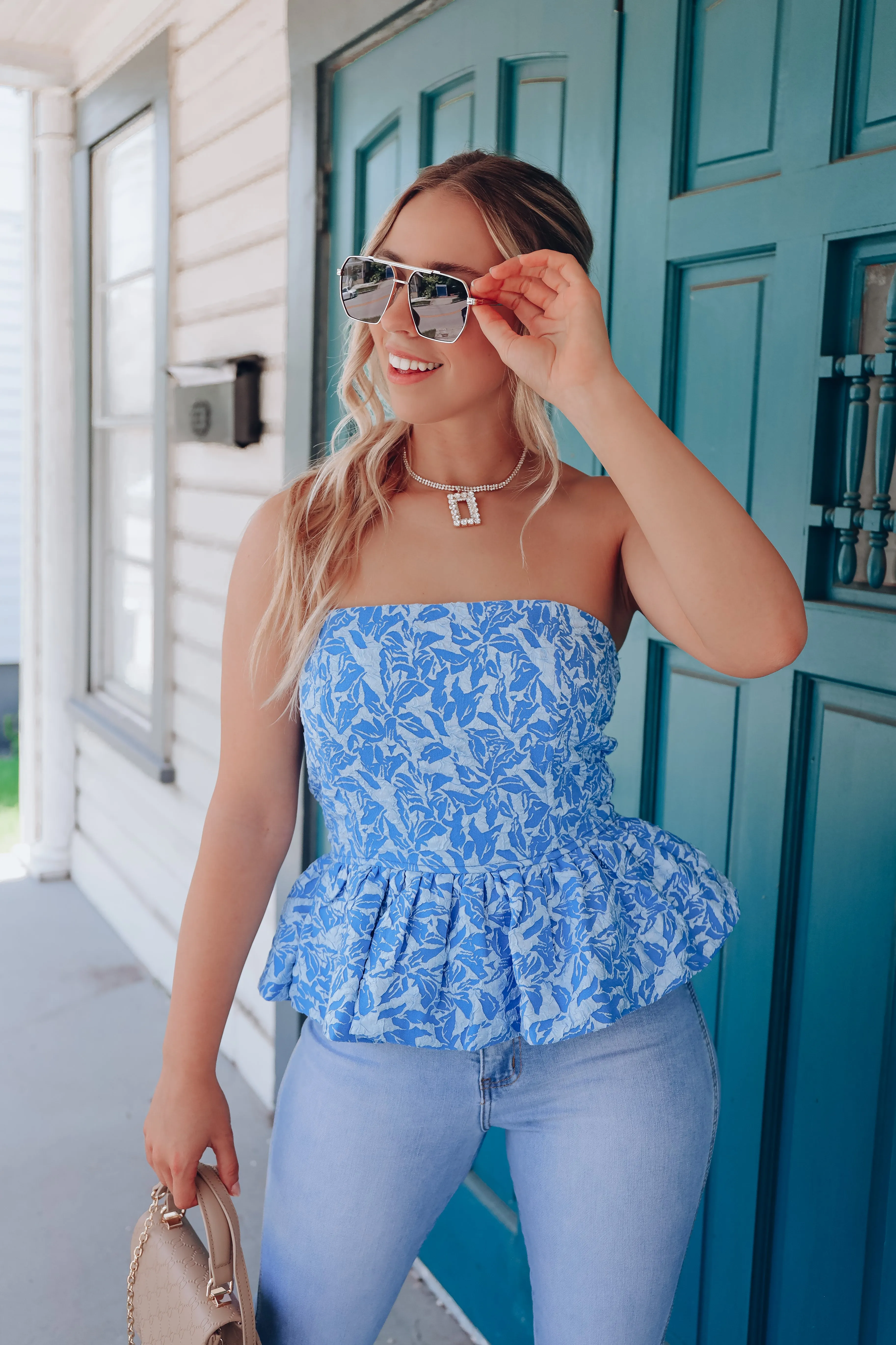 Blossom Strapless Peplum Top - Cobalt
