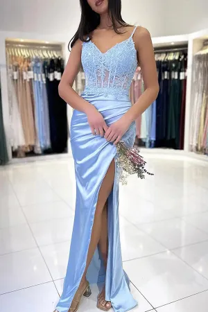 Blue V Neck Lace Satin Mermaid Long Prom Dress Formal Gowns TP1301
