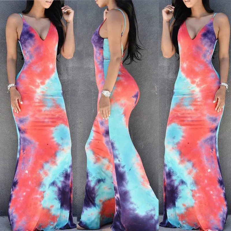 Boho Multi Color Tie Dye Fashion Sexy High Quality Hot-Selling Long Maxi Beach Dress