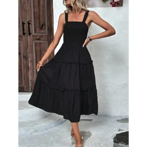 boho shirred bust Frill Trim tiered Cami midi Dress square neck