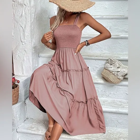 boho shirred bust Frill Trim tiered Cami midi Dress square neck