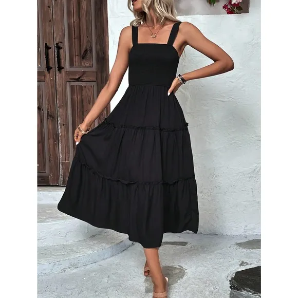 boho shirred bust Frill Trim tiered Cami midi Dress square neck