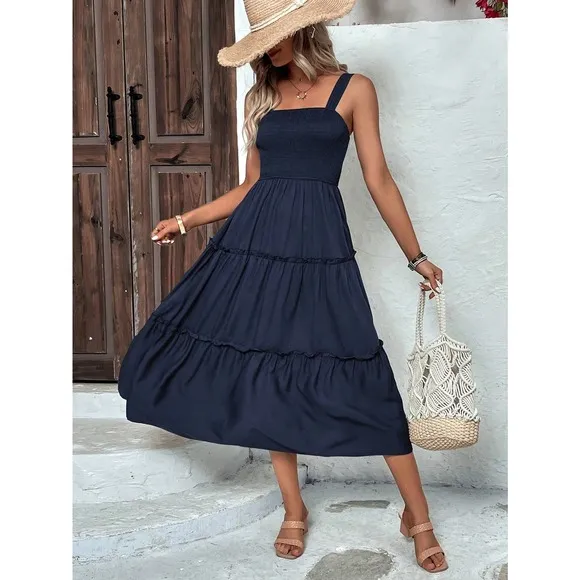 boho shirred bust Frill Trim tiered Cami midi Dress square neck