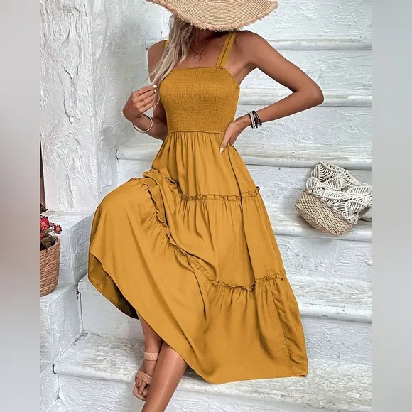 boho shirred bust Frill Trim tiered Cami midi Dress square neck