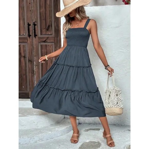 boho shirred bust Frill Trim tiered Cami midi Dress square neck