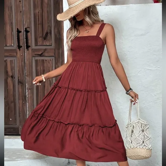 boho shirred bust Frill Trim tiered Cami midi Dress square neck