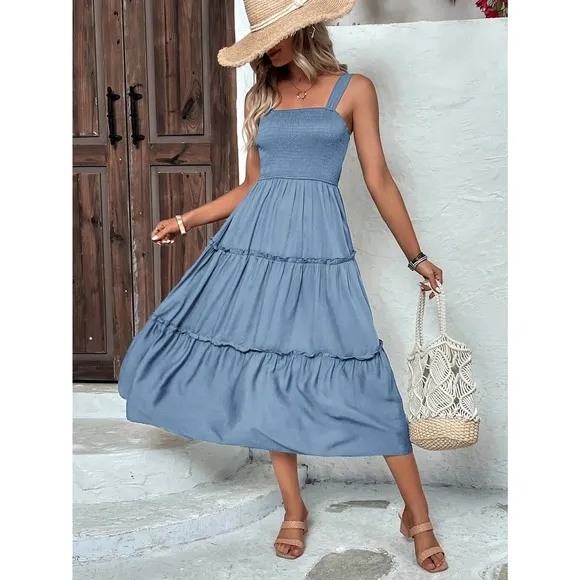 boho shirred bust Frill Trim tiered Cami midi Dress square neck