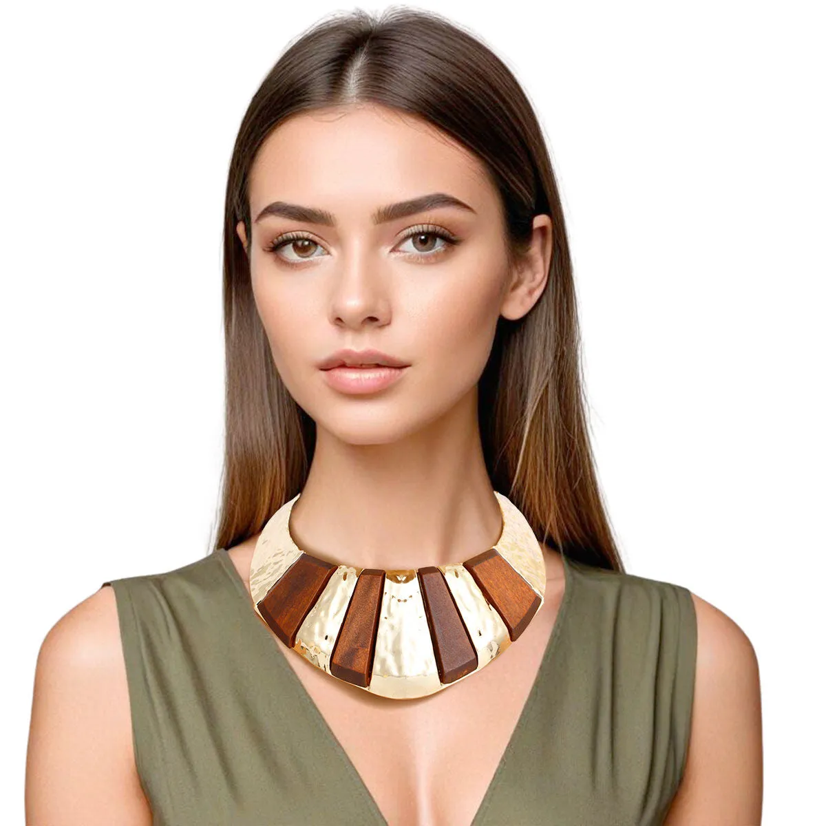 Brown Wood Inlay Gold Armor Necklace
