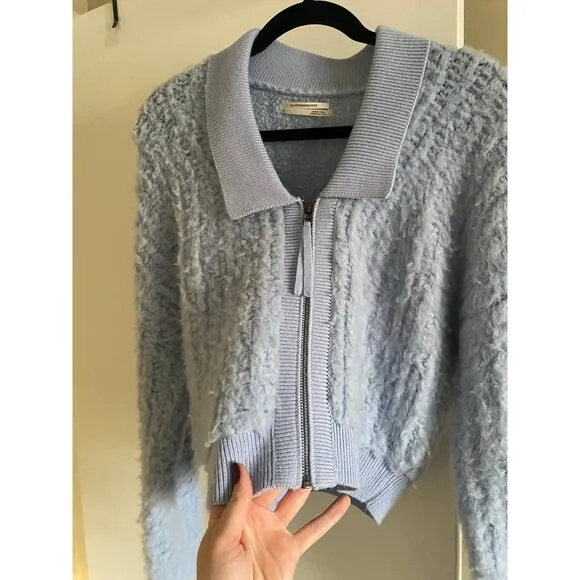 By Anthropologie Zip-Up Brushed Fuzzy Sweater Cardigan Sky Blue Size Small EUC
