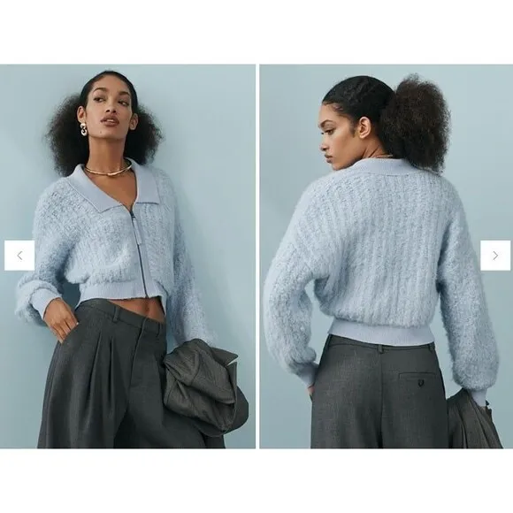 By Anthropologie Zip-Up Brushed Fuzzy Sweater Cardigan Sky Blue Size Small EUC
