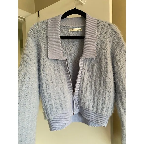 By Anthropologie Zip-Up Brushed Fuzzy Sweater Cardigan Sky Blue Size Small EUC