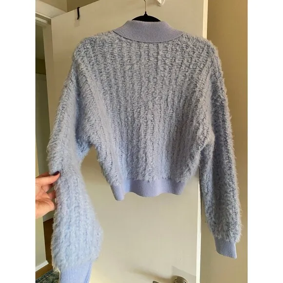 By Anthropologie Zip-Up Brushed Fuzzy Sweater Cardigan Sky Blue Size Small EUC