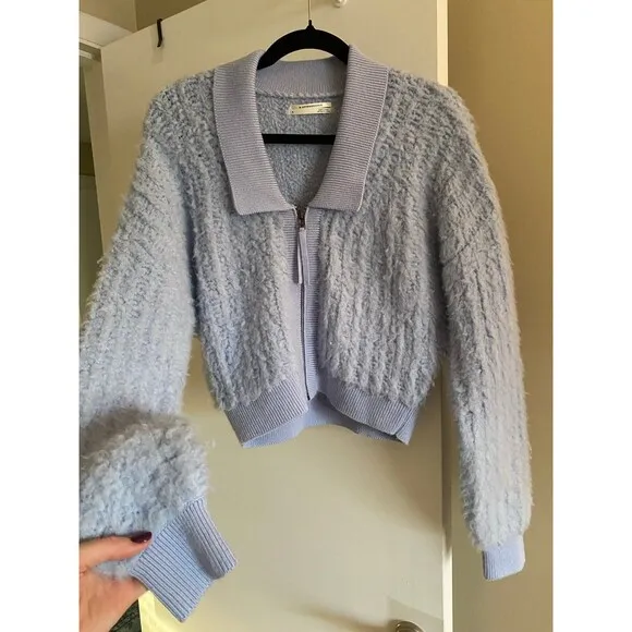 By Anthropologie Zip-Up Brushed Fuzzy Sweater Cardigan Sky Blue Size Small EUC