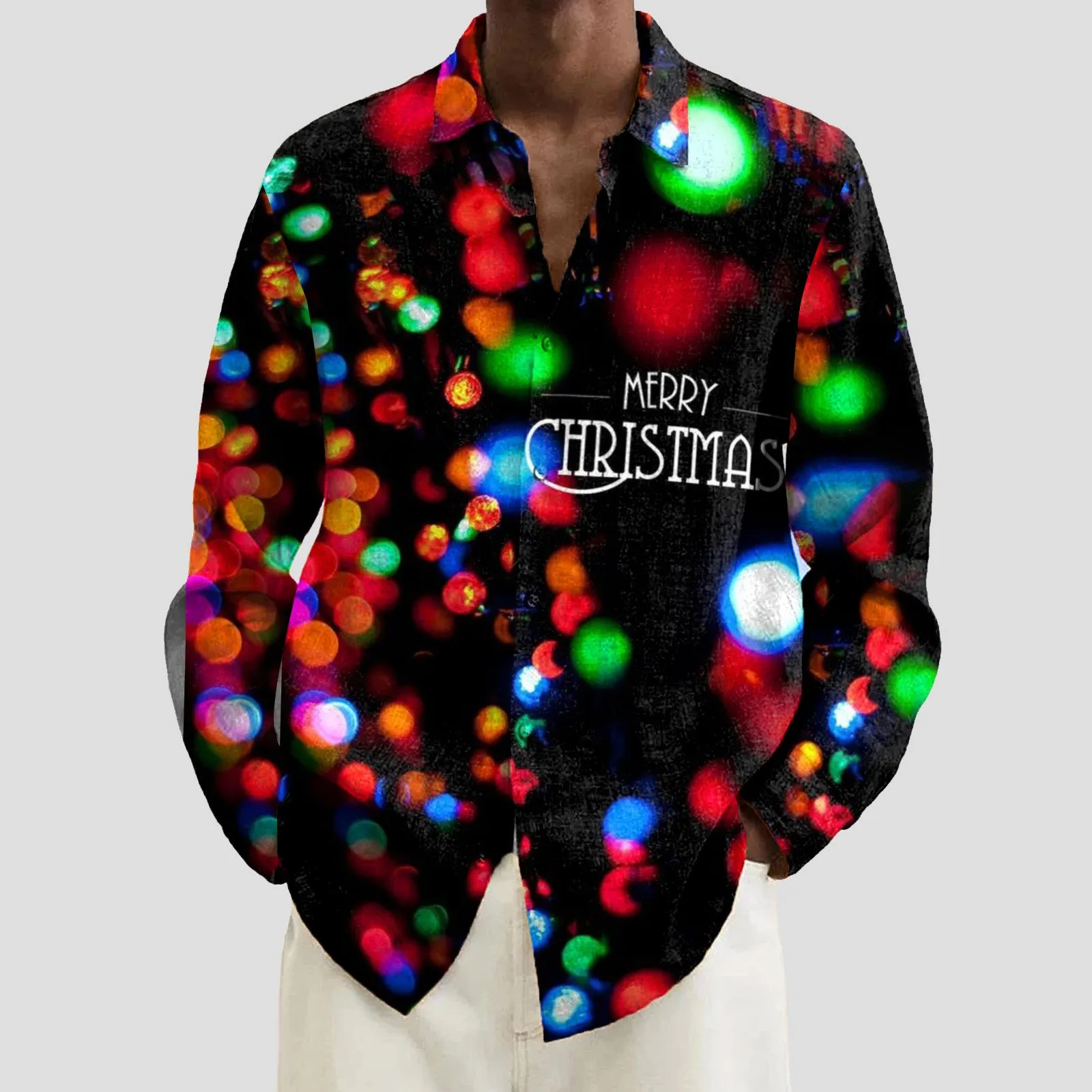 Christmas Lights Holiday Print Men's Button Pocket Long Sleeve Shirt 2410005292