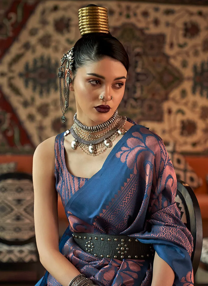Cobalt Blue Zari Weaved Jacquard Silk Saree