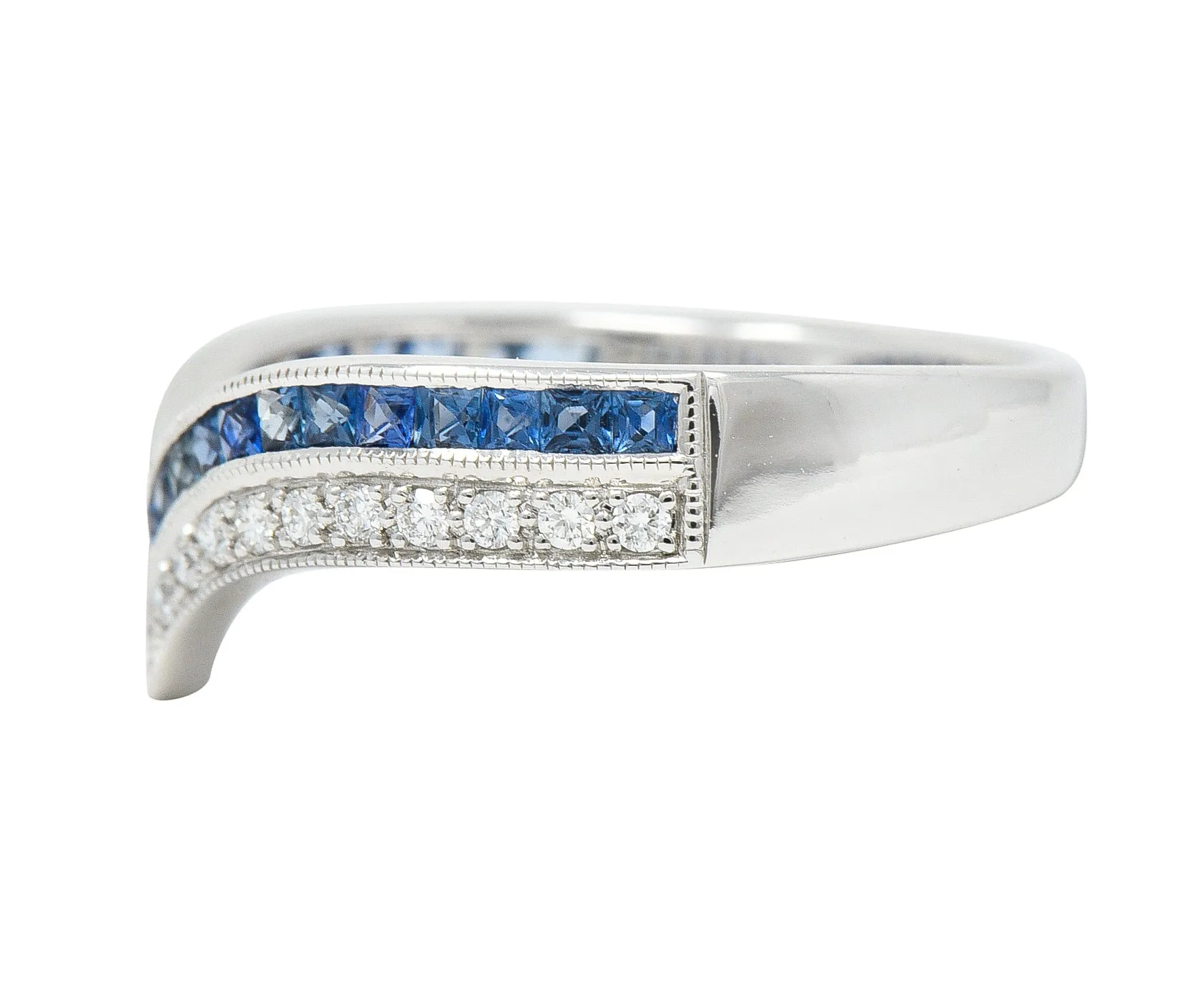 Contemporary French Cut Sapphire Diamond 14 Karat White Gold Chevron Contour Band Ring