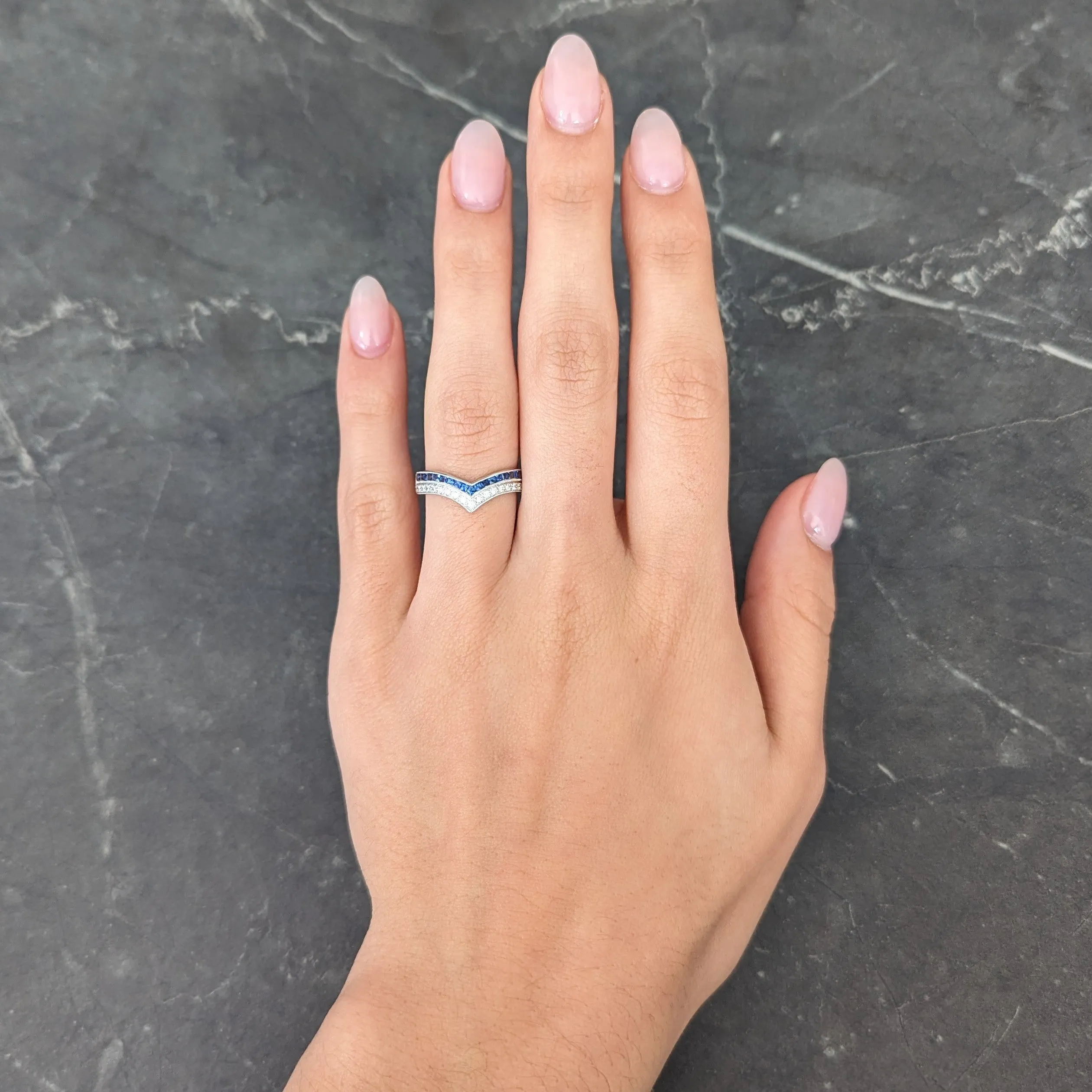 Contemporary French Cut Sapphire Diamond 14 Karat White Gold Chevron Contour Band Ring