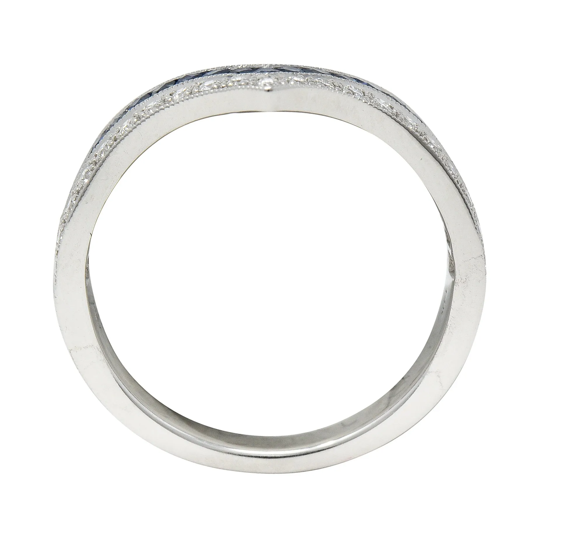 Contemporary French Cut Sapphire Diamond 14 Karat White Gold Chevron Contour Band Ring