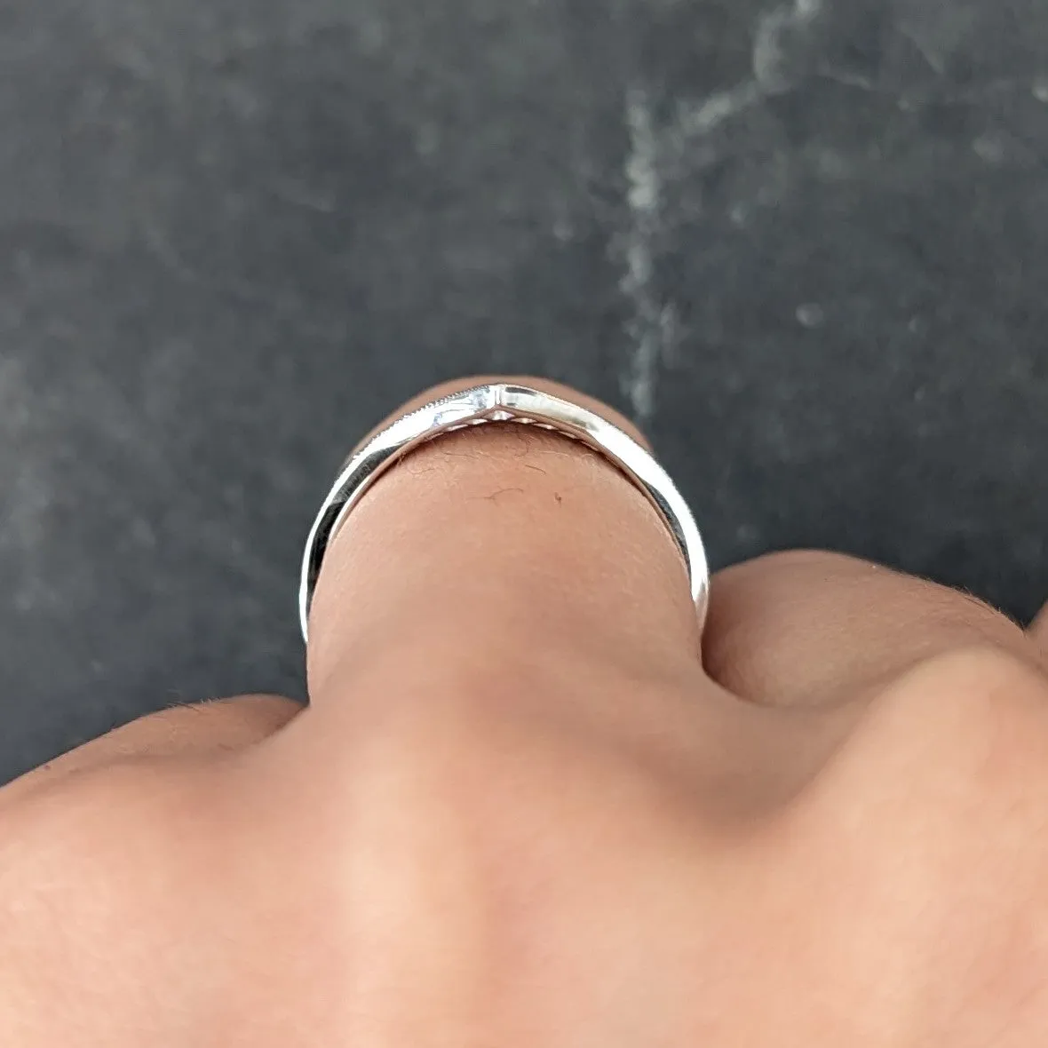 Contemporary French Cut Sapphire Diamond 14 Karat White Gold Chevron Contour Band Ring