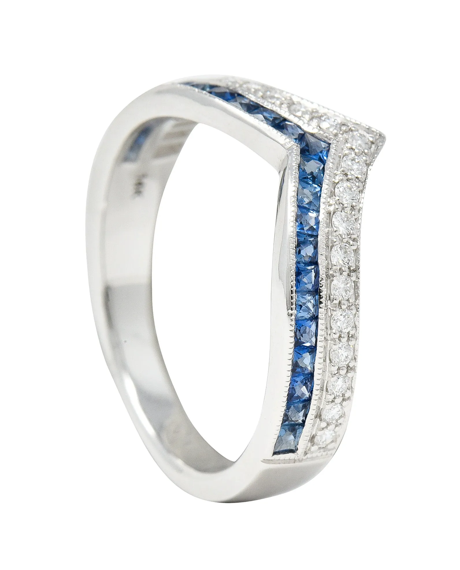 Contemporary French Cut Sapphire Diamond 14 Karat White Gold Chevron Contour Band Ring