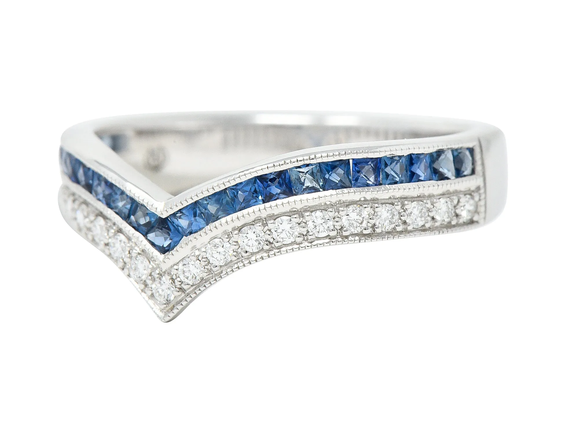Contemporary French Cut Sapphire Diamond 14 Karat White Gold Chevron Contour Band Ring