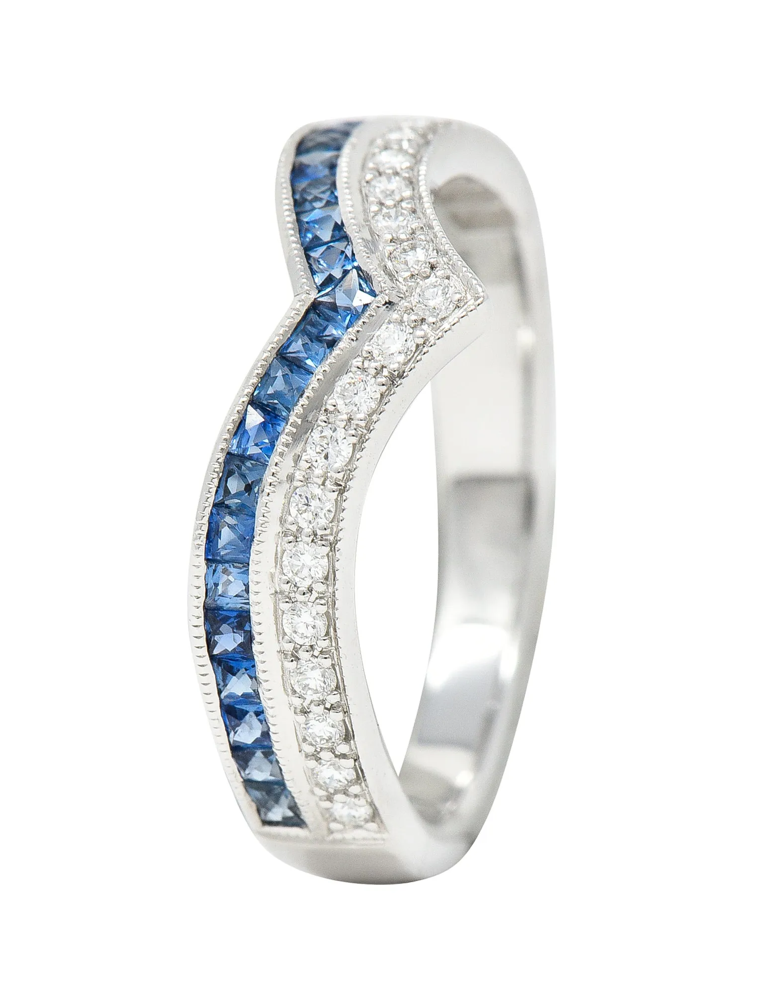 Contemporary French Cut Sapphire Diamond 14 Karat White Gold Chevron Contour Band Ring