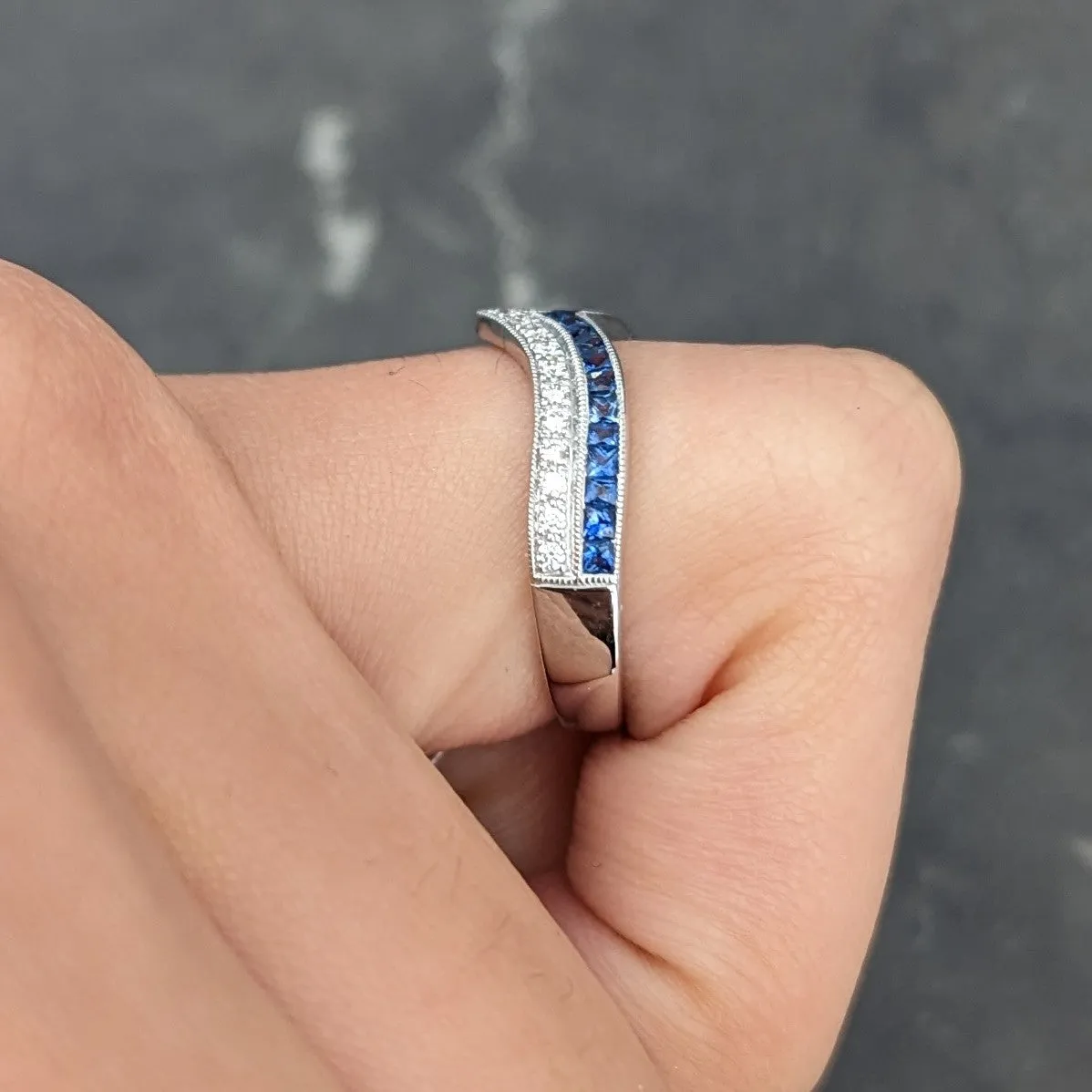 Contemporary French Cut Sapphire Diamond 14 Karat White Gold Chevron Contour Band Ring