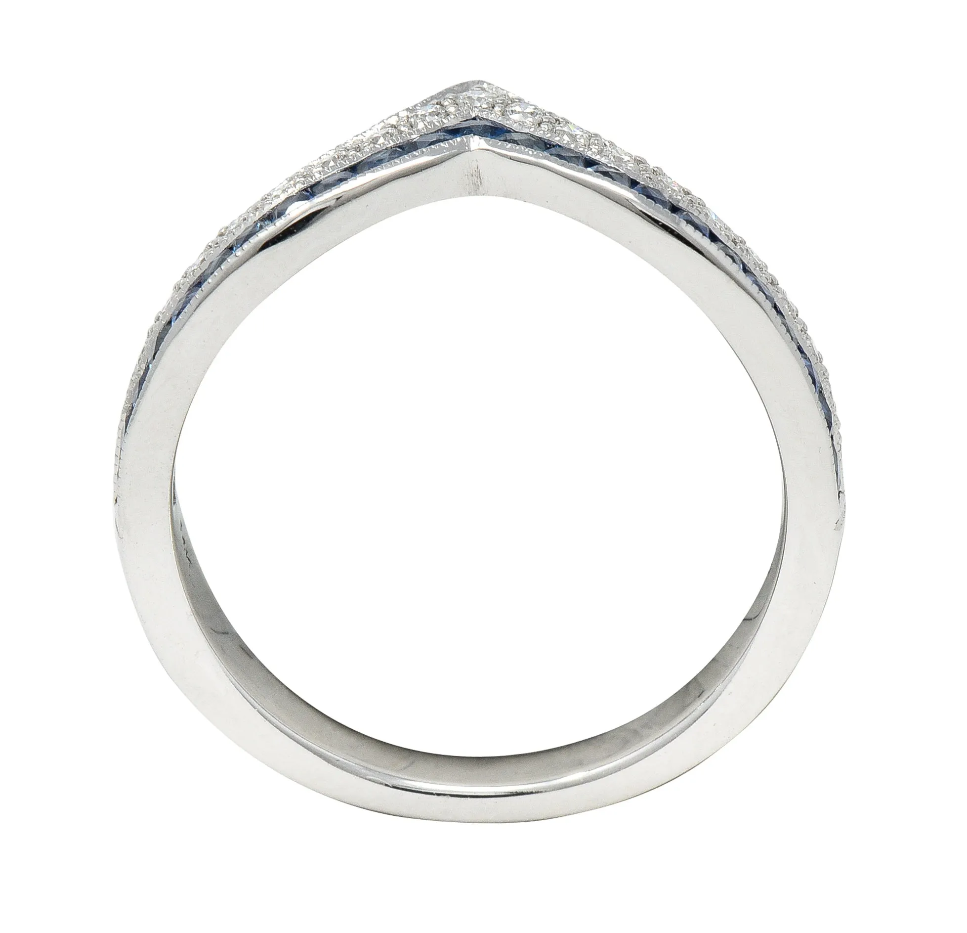 Contemporary French Cut Sapphire Diamond 14 Karat White Gold Chevron Contour Band Ring