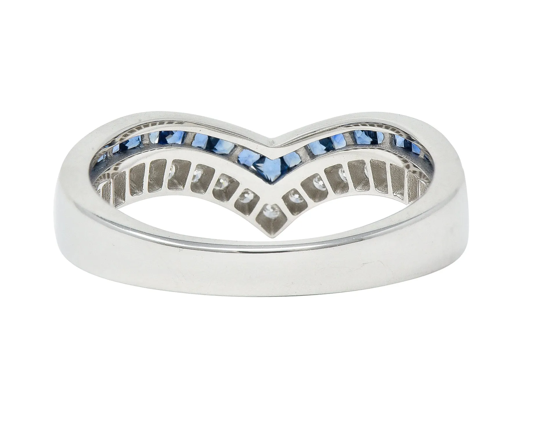 Contemporary French Cut Sapphire Diamond 14 Karat White Gold Chevron Contour Band Ring