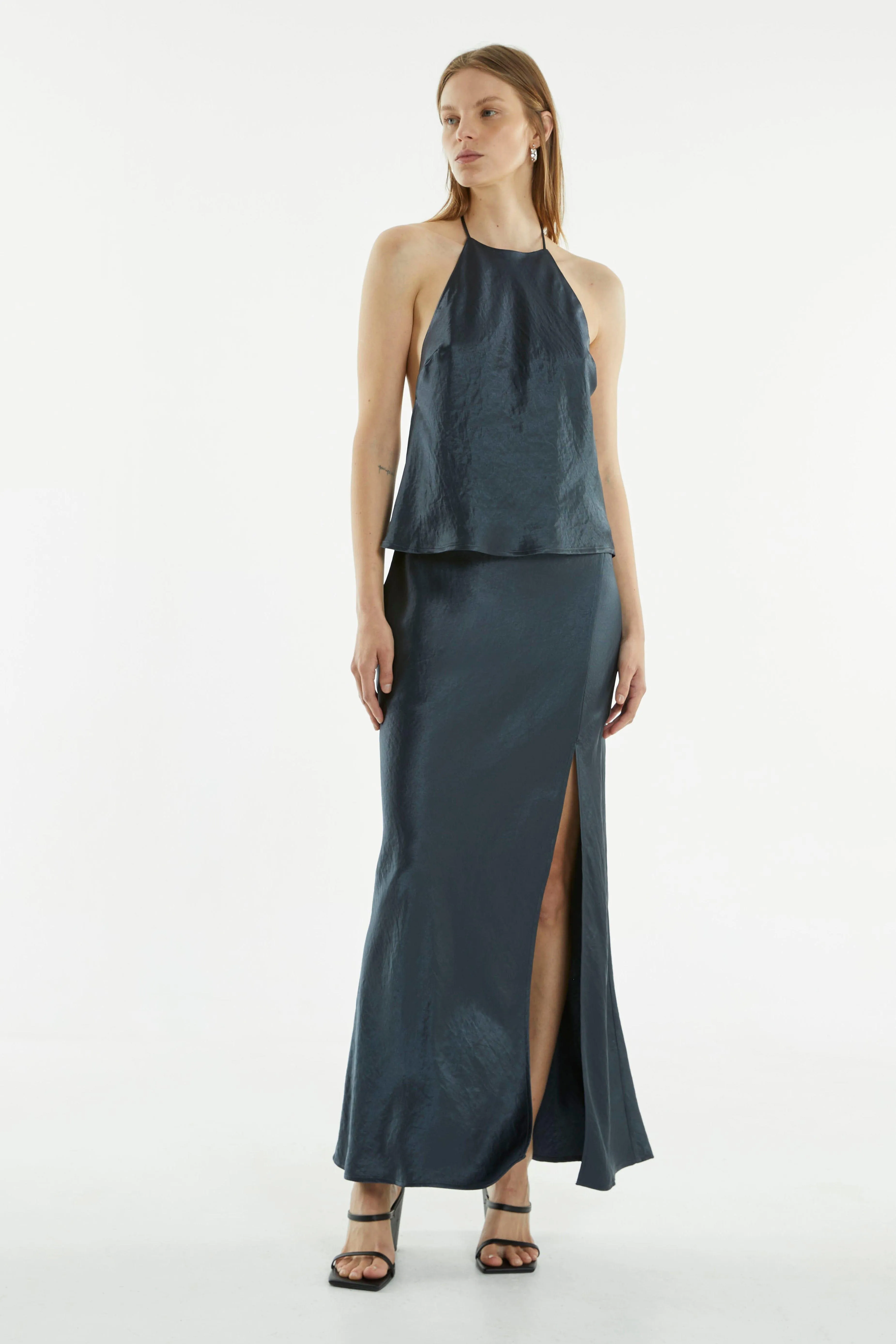 CRUSH BIAS SPLIT MAXI SKIRT | GUN METAL