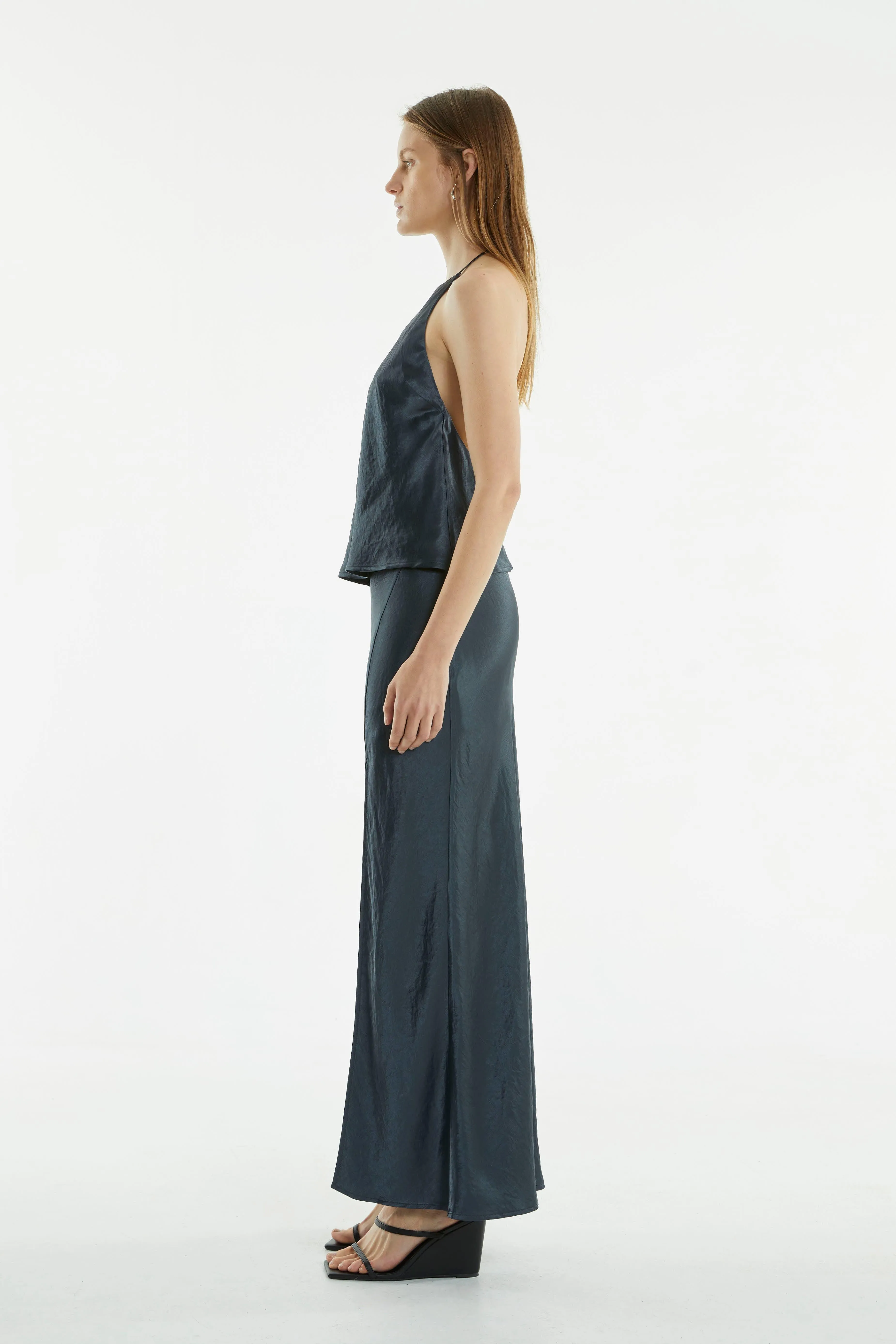 CRUSH BIAS SPLIT MAXI SKIRT | GUN METAL