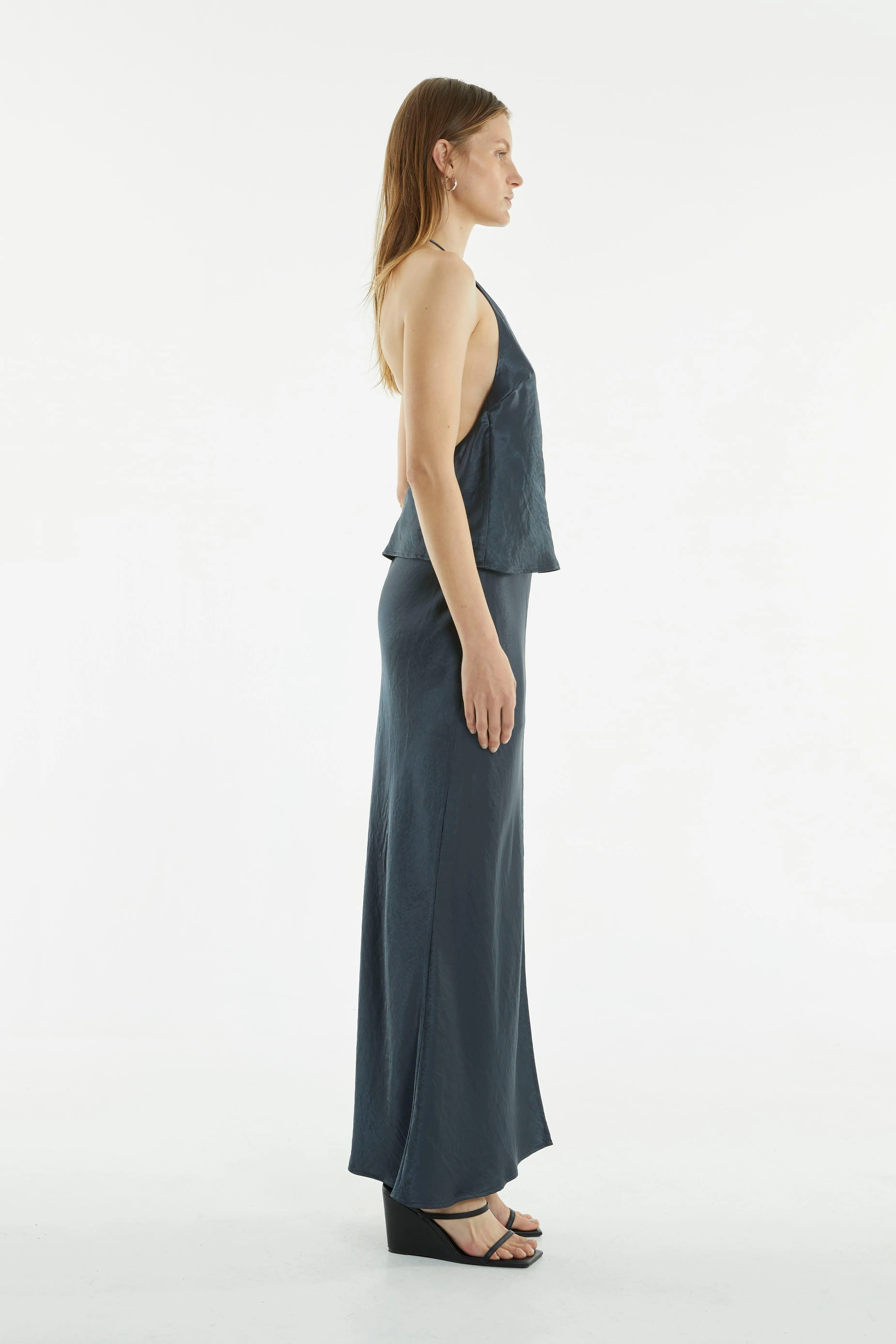 CRUSH BIAS SPLIT MAXI SKIRT | GUN METAL