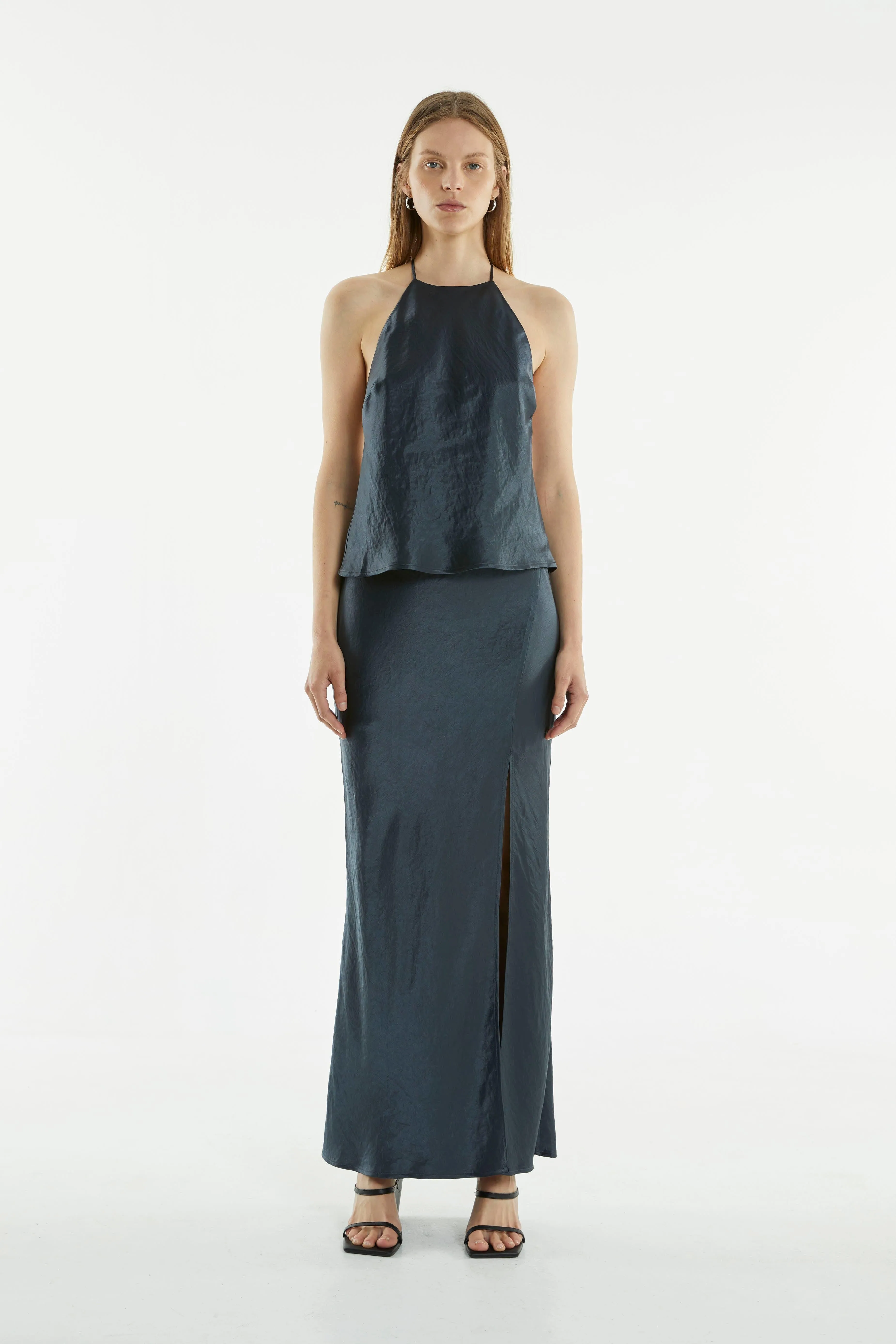 CRUSH BIAS SPLIT MAXI SKIRT | GUN METAL
