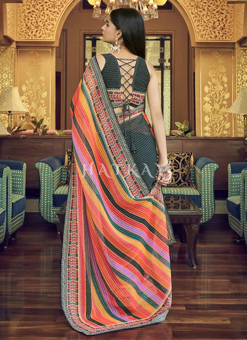 Deep Grey Sequence Printed Georgette Saree